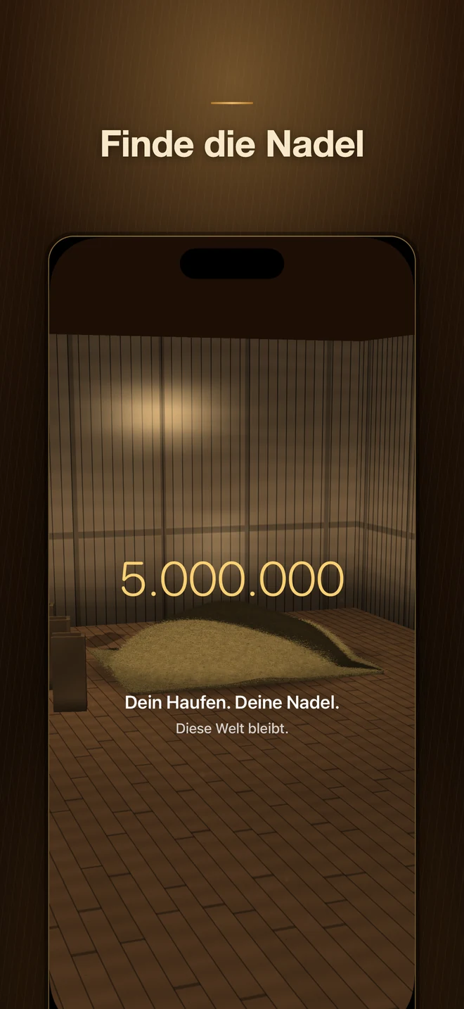 Nadel im Heuhaufen: App-Store-Motiv mit dem Heuhaufen und fünf Millionen Halmen